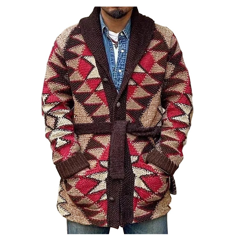 Men's Geometric Knitted Jacquard Lace-up Cardigan
