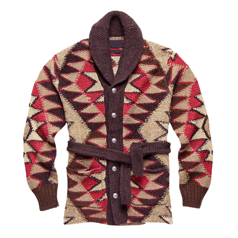 Men's Geometric Knitted Jacquard Lace-up Cardigan