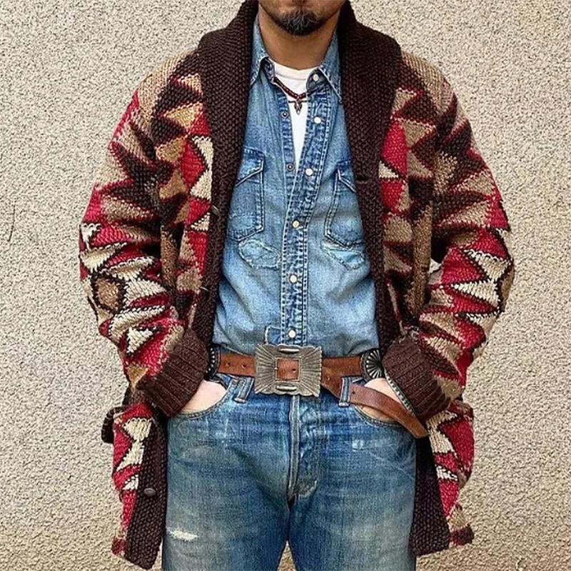 Men's Geometric Knitted Jacquard Lace-up Cardigan