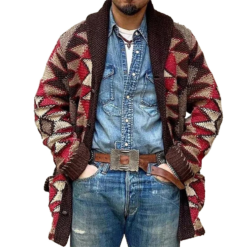 Men's Geometric Knitted Jacquard Lace-up Cardigan