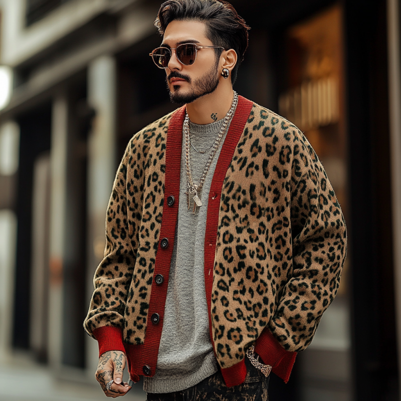 Men's Vintage Leopard Jacquard Colorblock Single Breasted Cardigan