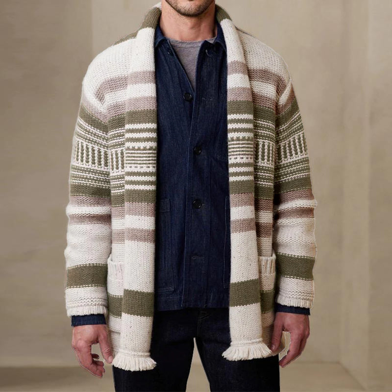 Men's Vintage Striped Patchwork Collarless Cardigan