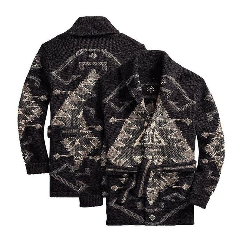 Men's Vintage Jacquard Shawl Collar Belted Mid-Length Cardigan
