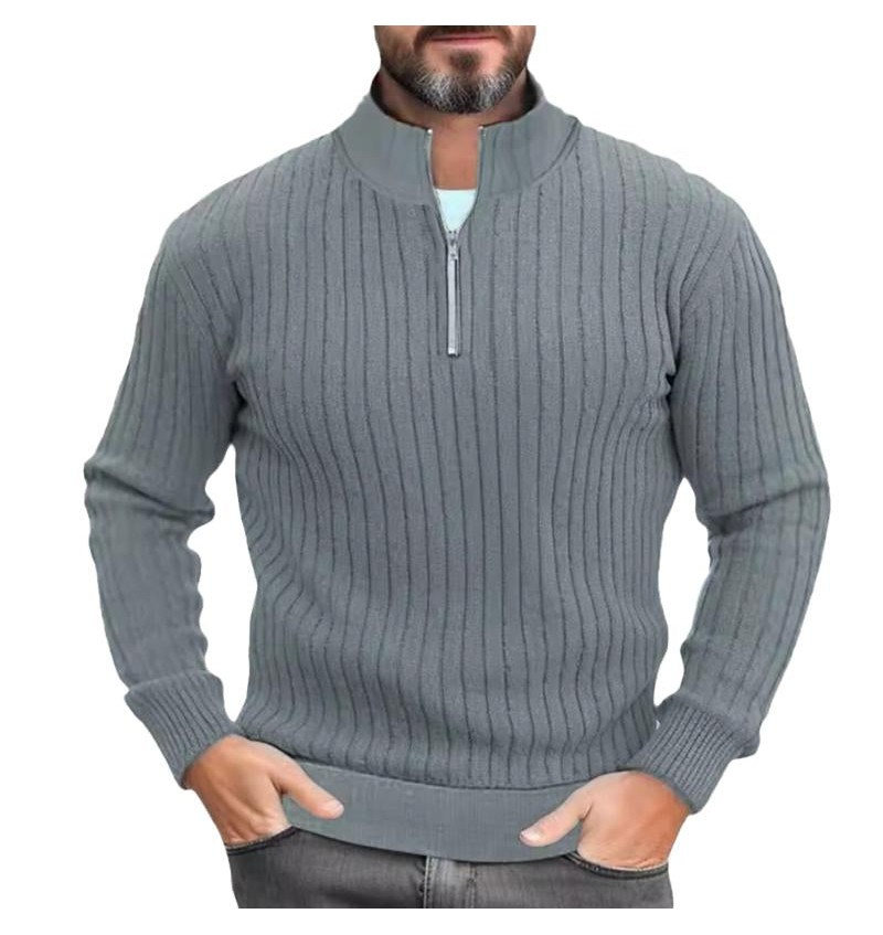 Men's Solid Color Knitted Stand Collar Half Zip Sweater