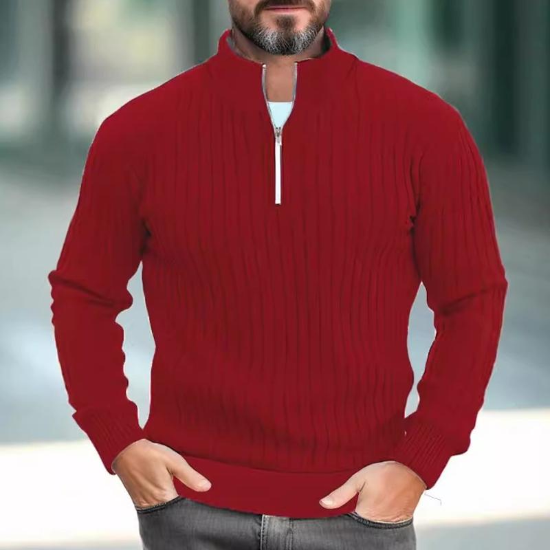 Men's Solid Color Knitted Stand Collar Half Zip Sweater