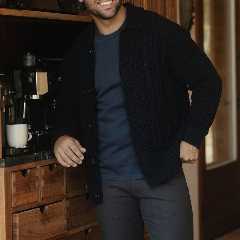 Men's Solid Color Cable Lapel Single Breasted Cardigan