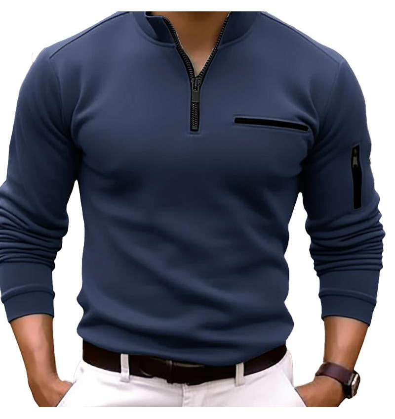 Men'S Casual Solid Color Zipper Polo Shirt