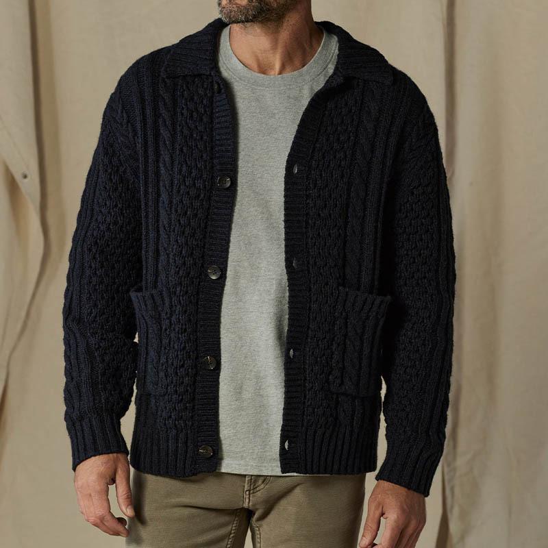 Men's Solid Color Cable Lapel Single Breasted Cardigan