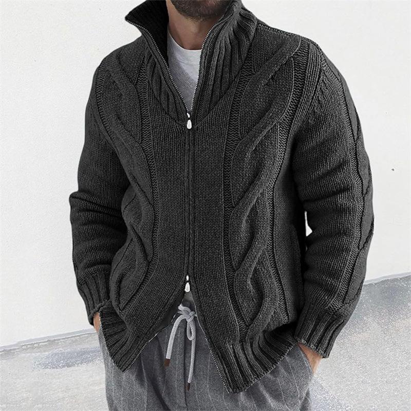 Men's Solid Color Stand Collar Long Sleeve Knitted Cardigan