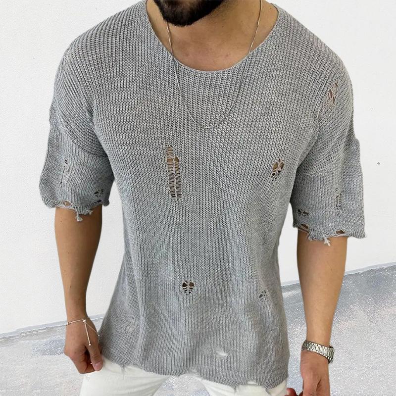 Men's Casual Round Neck Short Sleeve Hollow Knit Pullover Sweater