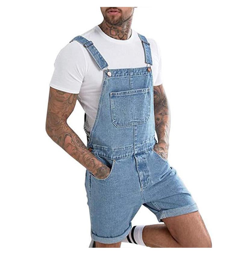Men's Vintage Denim Ripped Cargo Shorts Jumpsuit Overall