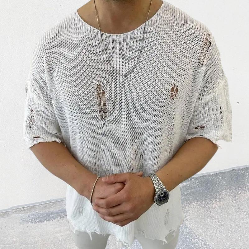 Men's Casual Round Neck Short Sleeve Hollow Knit Pullover Sweater