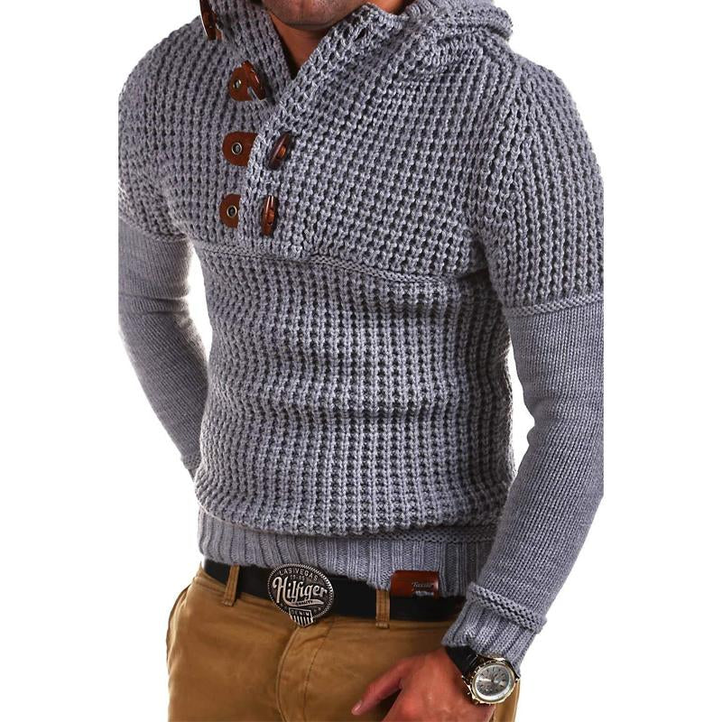 Men's Solid Color Horn Button Slim Fit Hooded Sweater