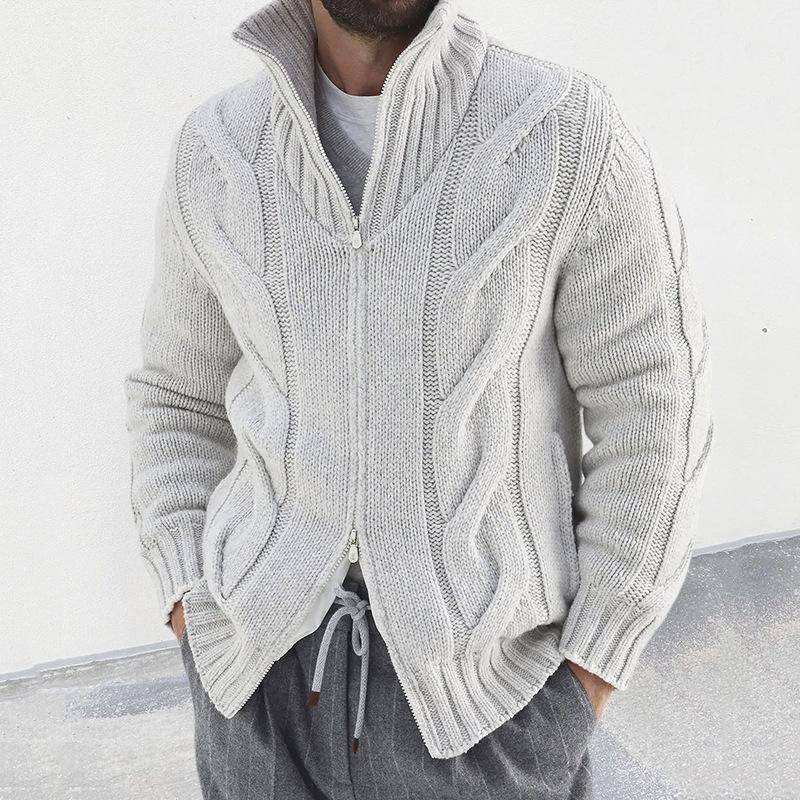Men's Solid Color Stand Collar Long Sleeve Knitted Cardigan