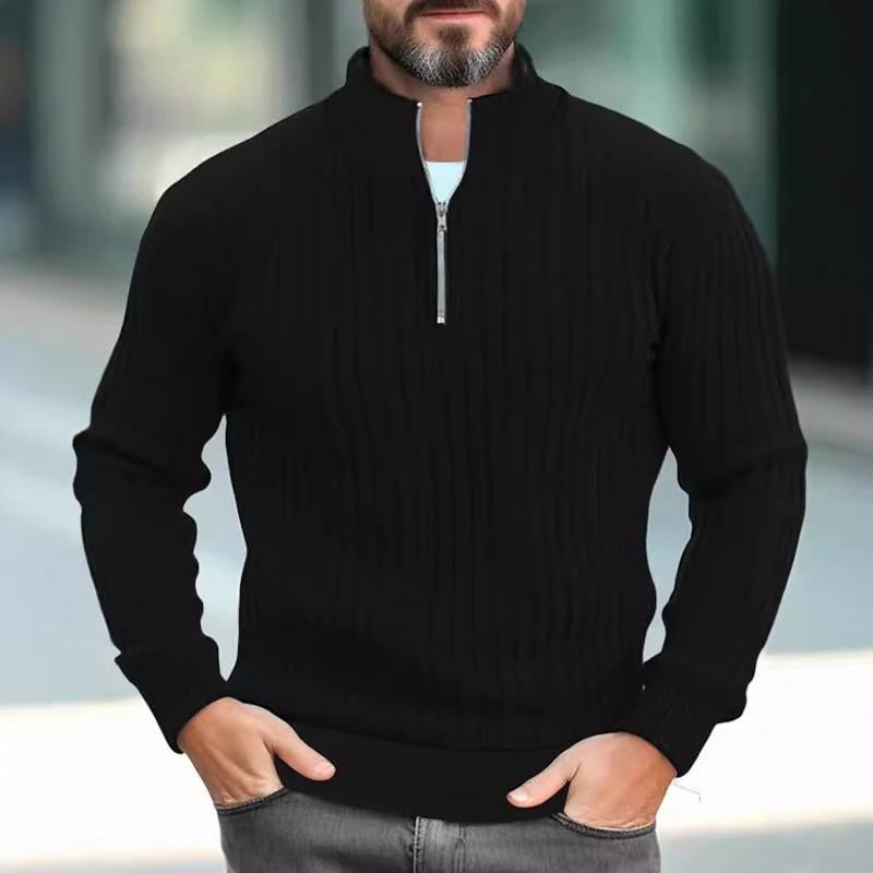 Men's Solid Color Knitted Stand Collar Half Zip Sweater