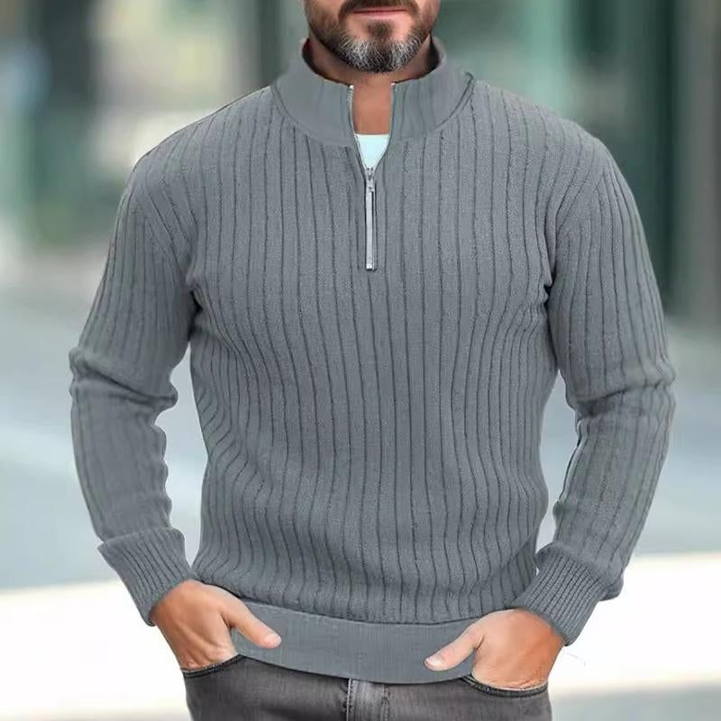 Men's Solid Color Knitted Stand Collar Half Zip Sweater