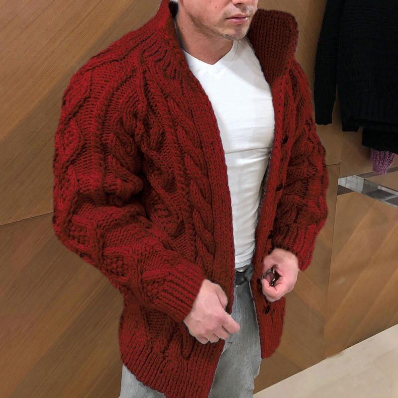 Men's Casual Stand Collar Cable Jacquard Sweater Cardigan