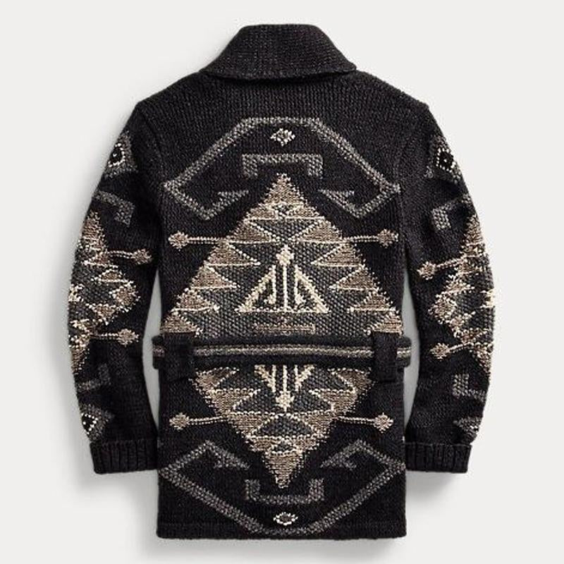 Men's Vintage Jacquard Shawl Collar Belted Mid-Length Cardigan