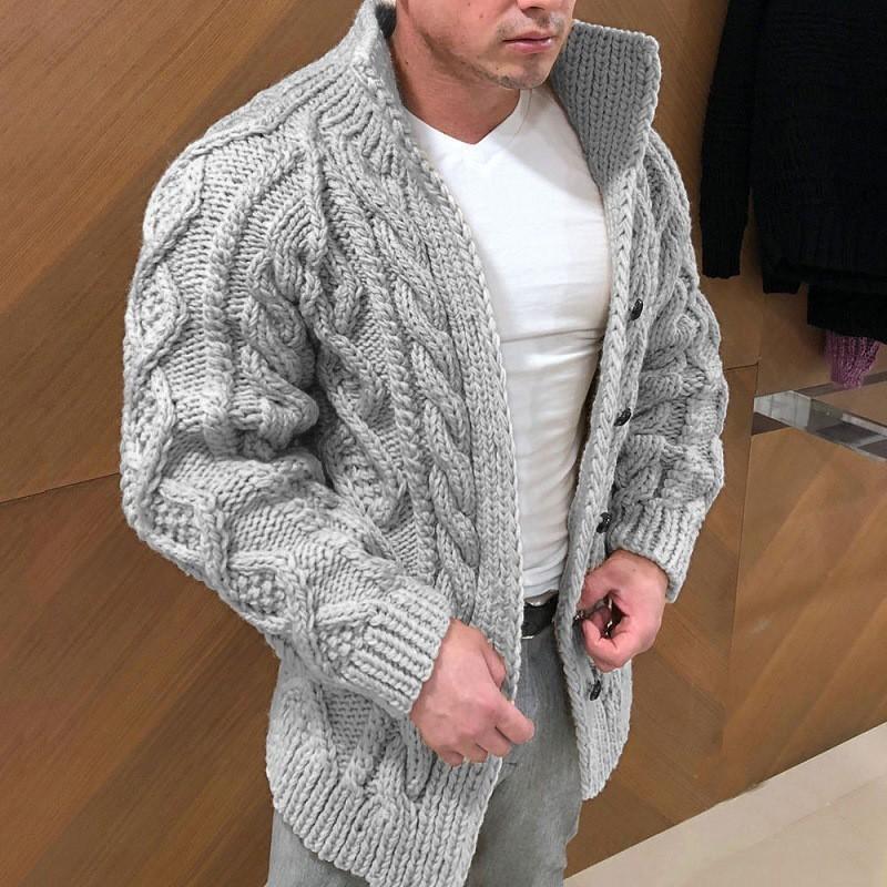 Men's Casual Stand Collar Cable Jacquard Sweater Cardigan