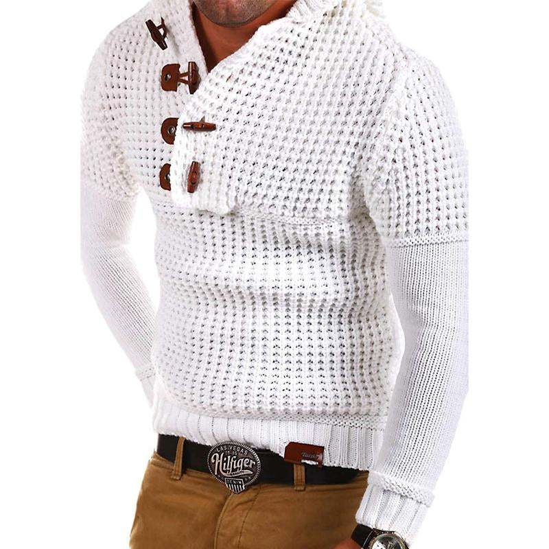 Men's Solid Color Horn Button Slim Fit Hooded Sweater