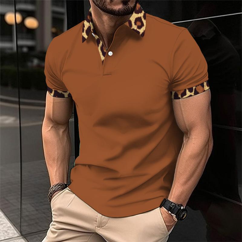 Men's Vintage Leopard Print Patchwork Lapel Polo Shirt