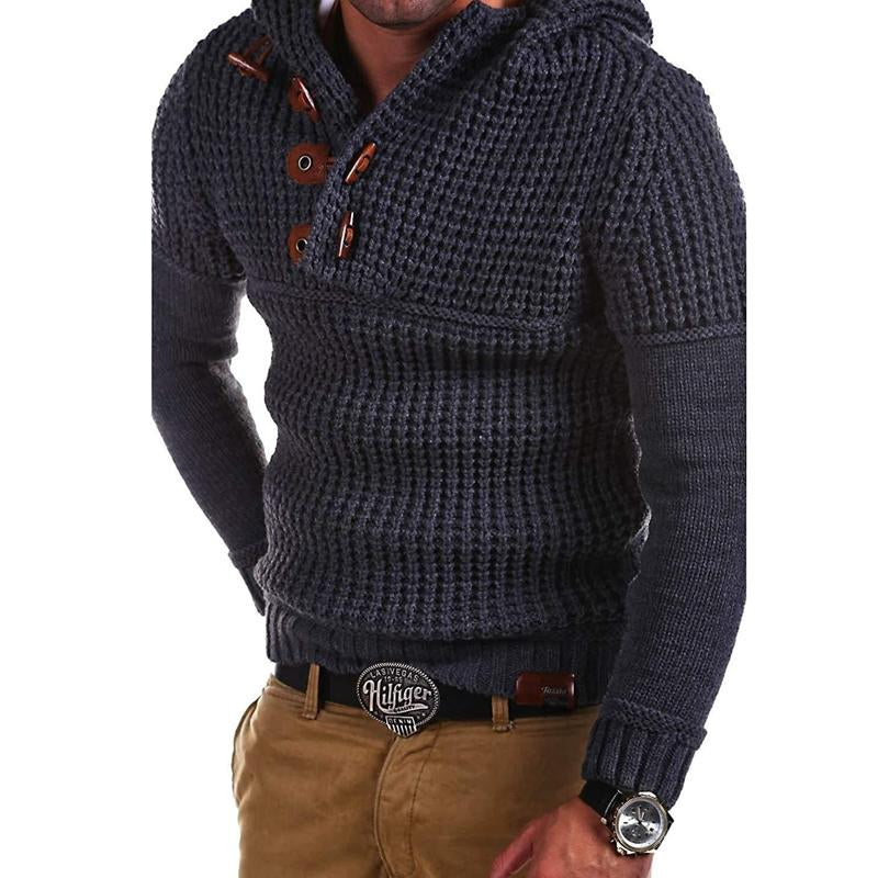 Men's Solid Color Horn Button Slim Fit Hooded Sweater