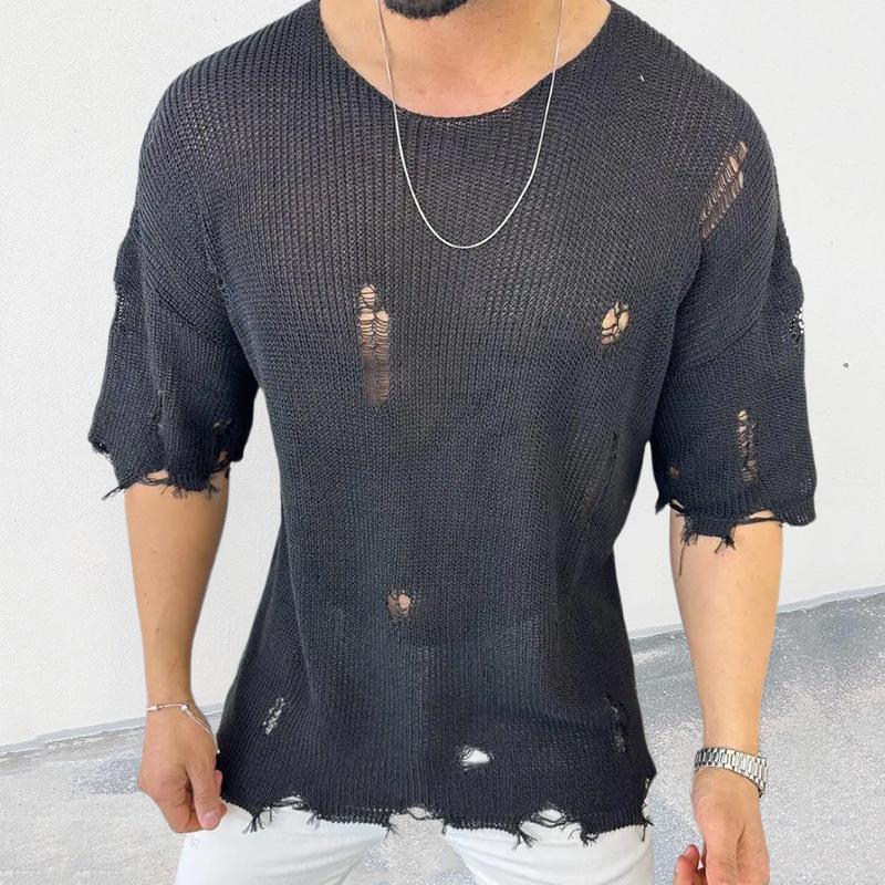 Men's Casual Round Neck Short Sleeve Hollow Knit Pullover Sweater