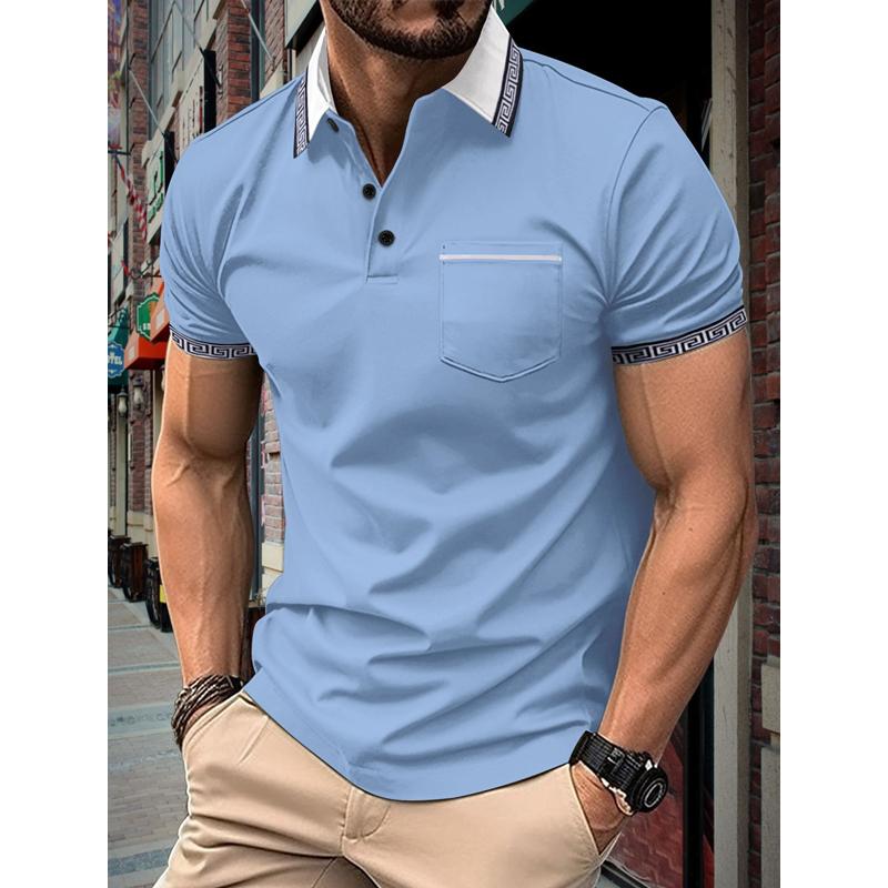 Men's Color Block Button Chest Pocket Short Sleeve Polo Shirt