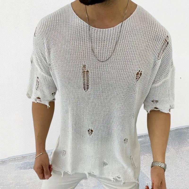 Men's Casual Round Neck Short Sleeve Hollow Knit Pullover Sweater