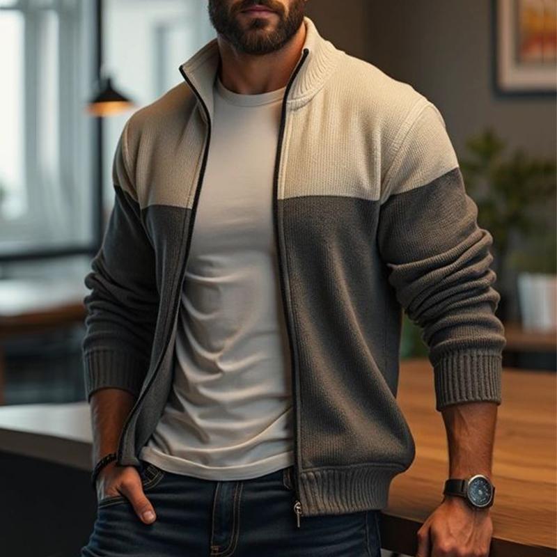Men's Retro Casual Colorblock Zipper Lapel Knit Cardigan