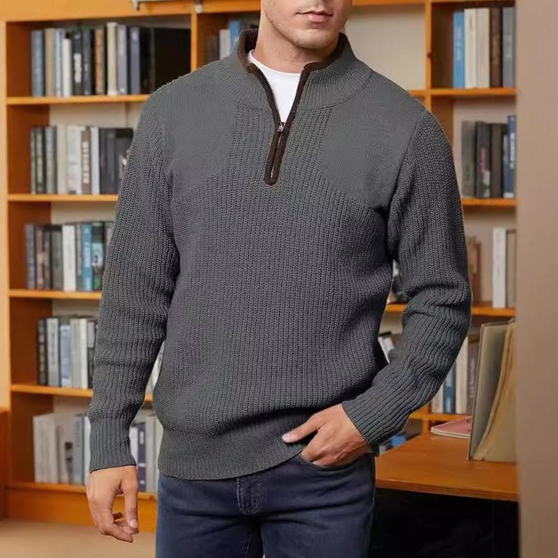 Men's Casual Half Zip Stand Collar Solid Color Sweater