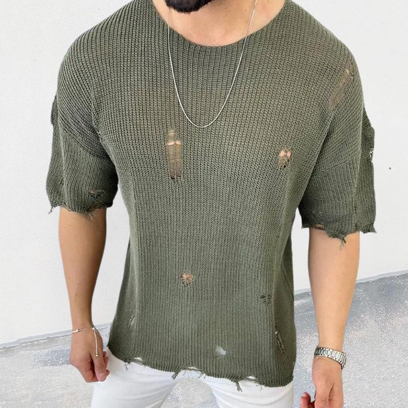 Men's Casual Round Neck Short Sleeve Hollow Knit Pullover Sweater