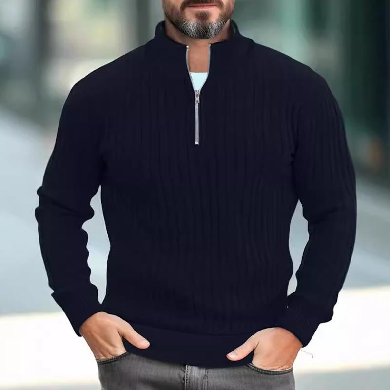 Men's Solid Color Knitted Stand Collar Half Zip Sweater