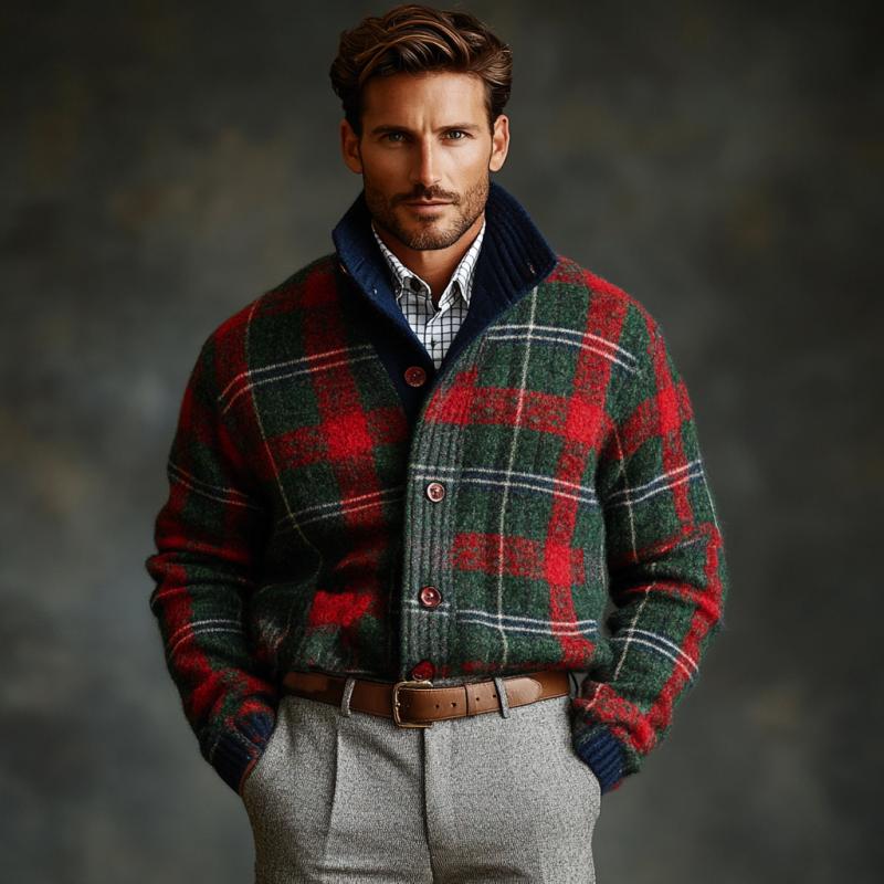 Men's Vintage Christmas Colorful Check Stand Collar Single Breasted Knit Cardigan