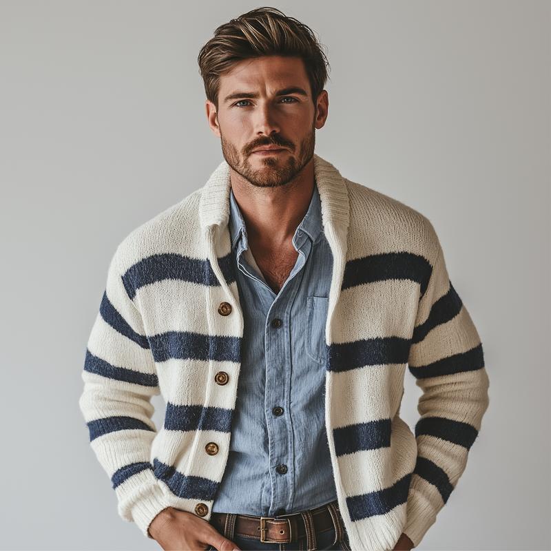 Men's Navy Style Striped Lapel Single Breasted Casual Cardigan