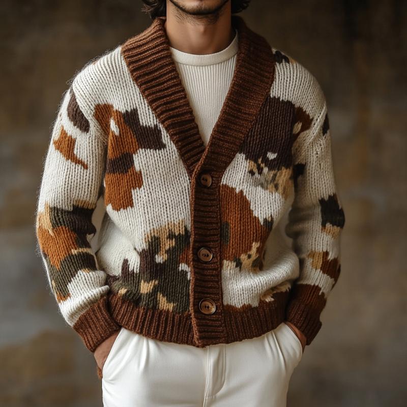 Men's Retro Colorblock Jacquard Collarless Single Breasted Knitted Cardigan
