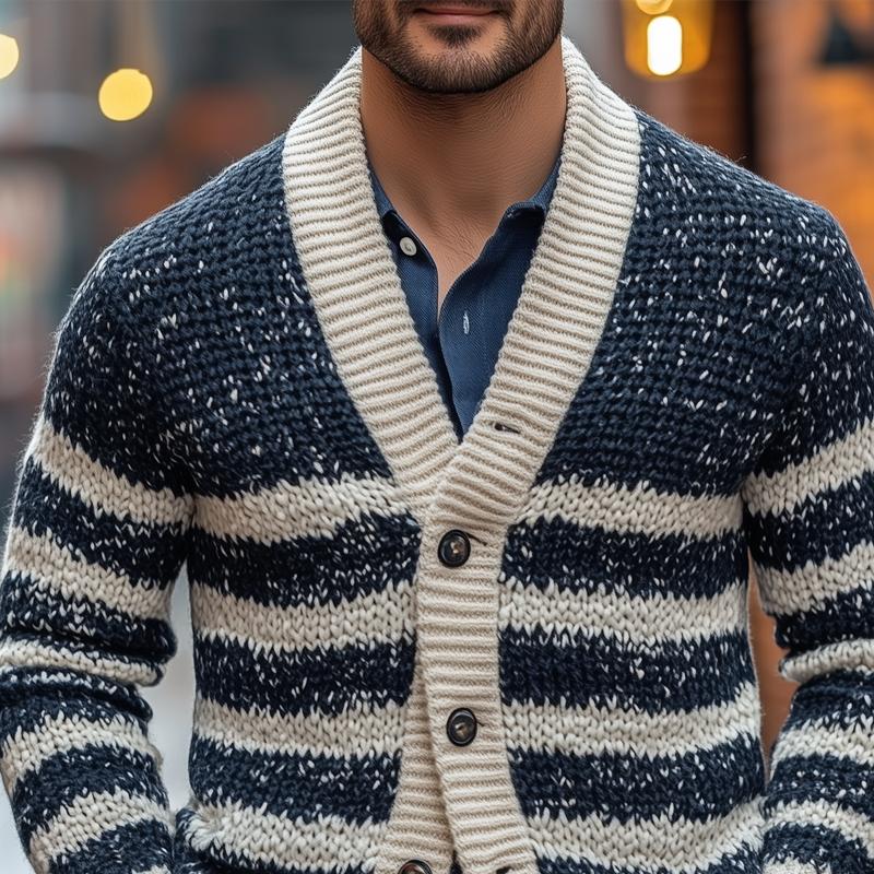 Men's Fashion Striped V Neck Single Breasted Casual Cardigan