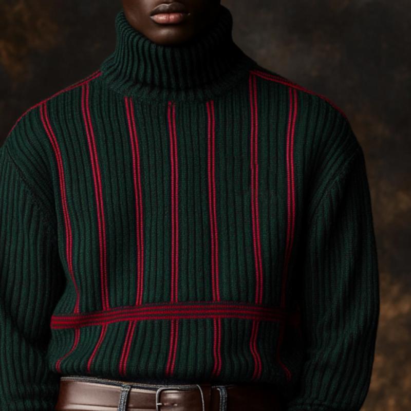 Men's Vintage Christmas Color-Blocked Vertical Striped Knitted Turtleneck Sweater