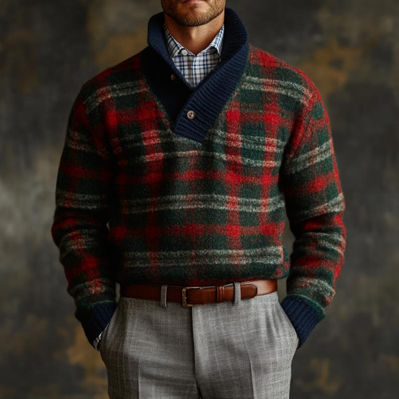 Men's Vintage Christmas Colorblock Plaid Knit Button Turtleneck Sweater