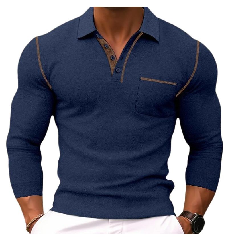 Men's Casual Colorblock Lapel Slim Fit Long Sleeve Polo Shirt