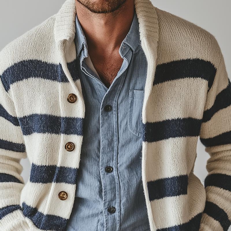 Men's Navy Style Striped Lapel Single Breasted Casual Cardigan