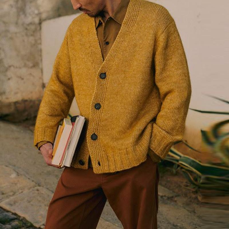 Men's Casual V-neck Single-breasted Solid Color Loose Knitted Cardigan
