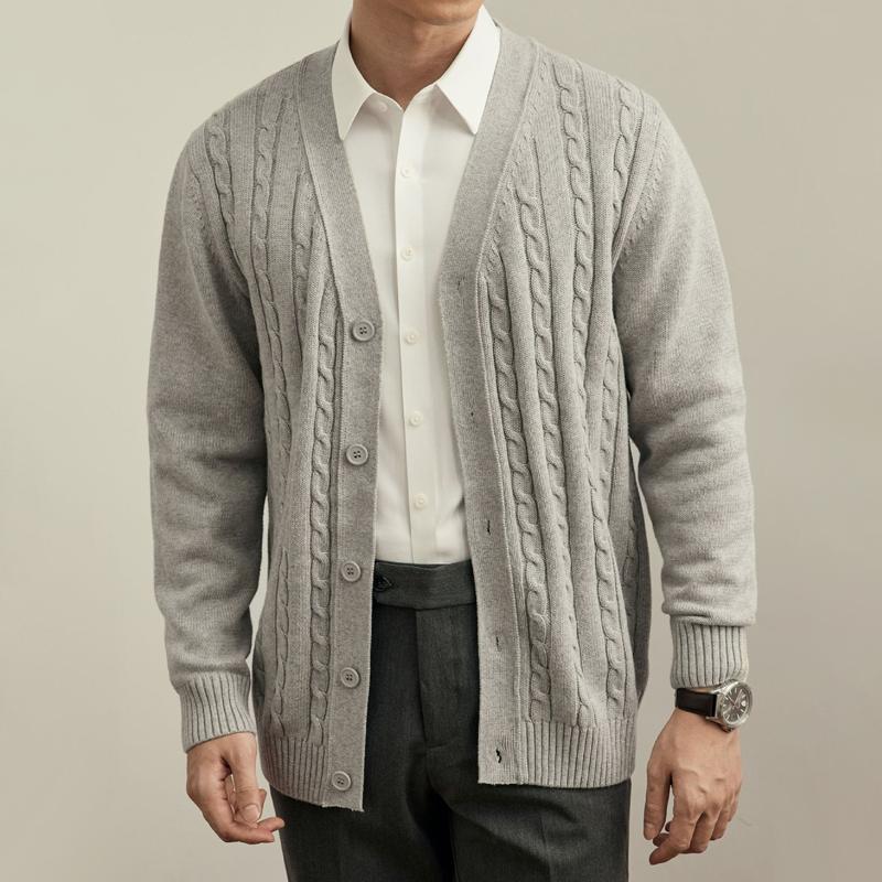 Men's Solid Color Knit Cable V Neck Single Breasted Cardigan
