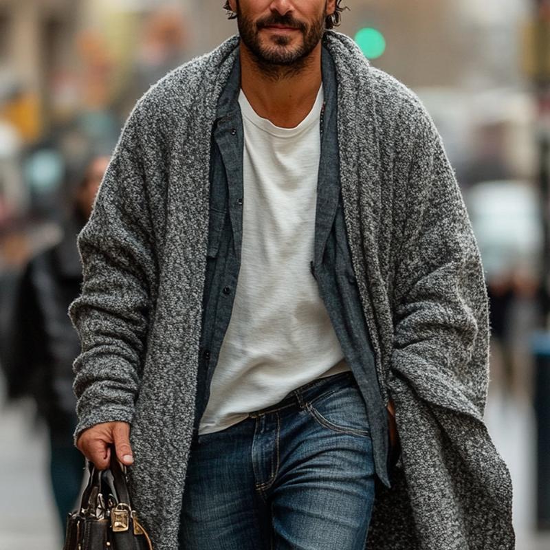Men's Fashionable Loose Knitted Long Sleeve Casual Shawl Cardigan