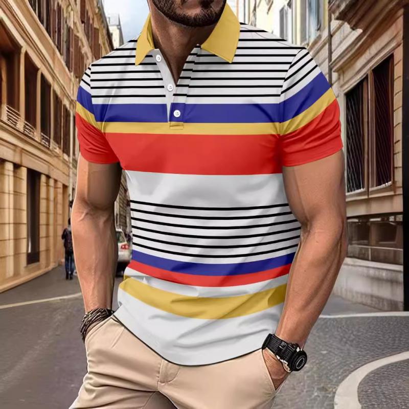 Men's Colorful Striped Lapel Short-Sleeved Polo Shirt