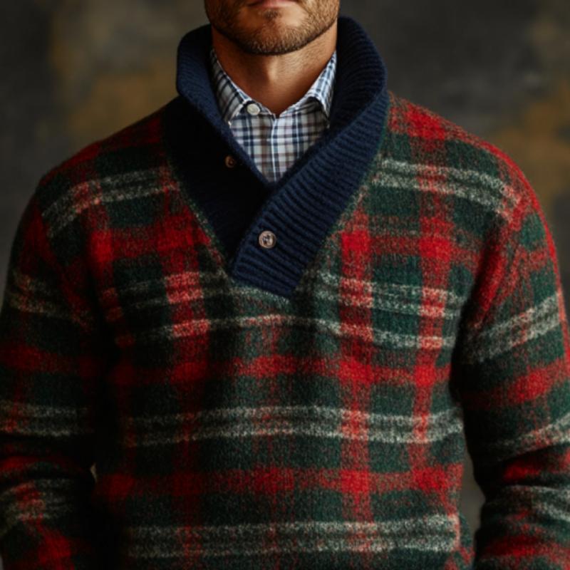 Men's Vintage Christmas Colorblock Plaid Knit Button Turtleneck Sweater