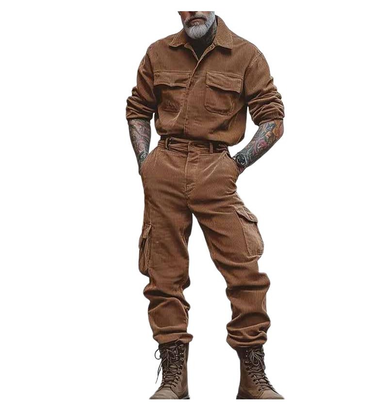 Men's Solid Corduroy Lapel Chest Pocket Long Sleeve Cargo Jumpsuit