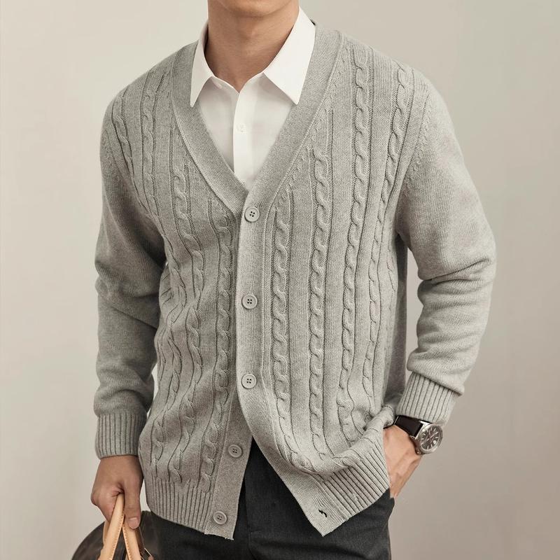 Men's Solid Color Knit Cable V Neck Single Breasted Cardigan