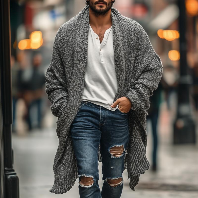 Men's Fashionable Loose Knitted Long Sleeve Casual Shawl Cardigan