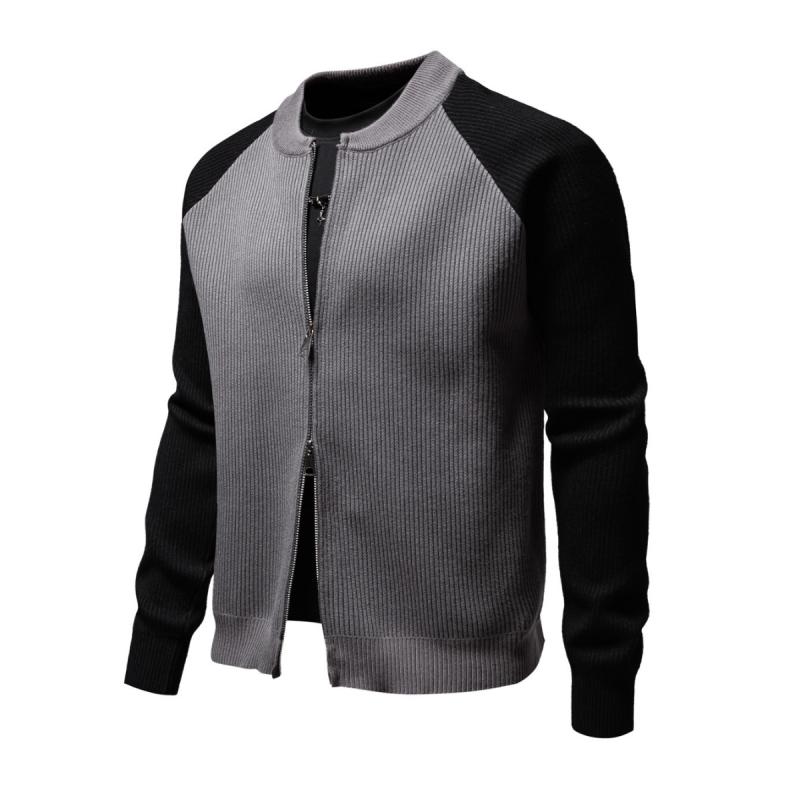 Men's Casual Colorblock Baseball Collar Loose Zipper Knit Cardigan